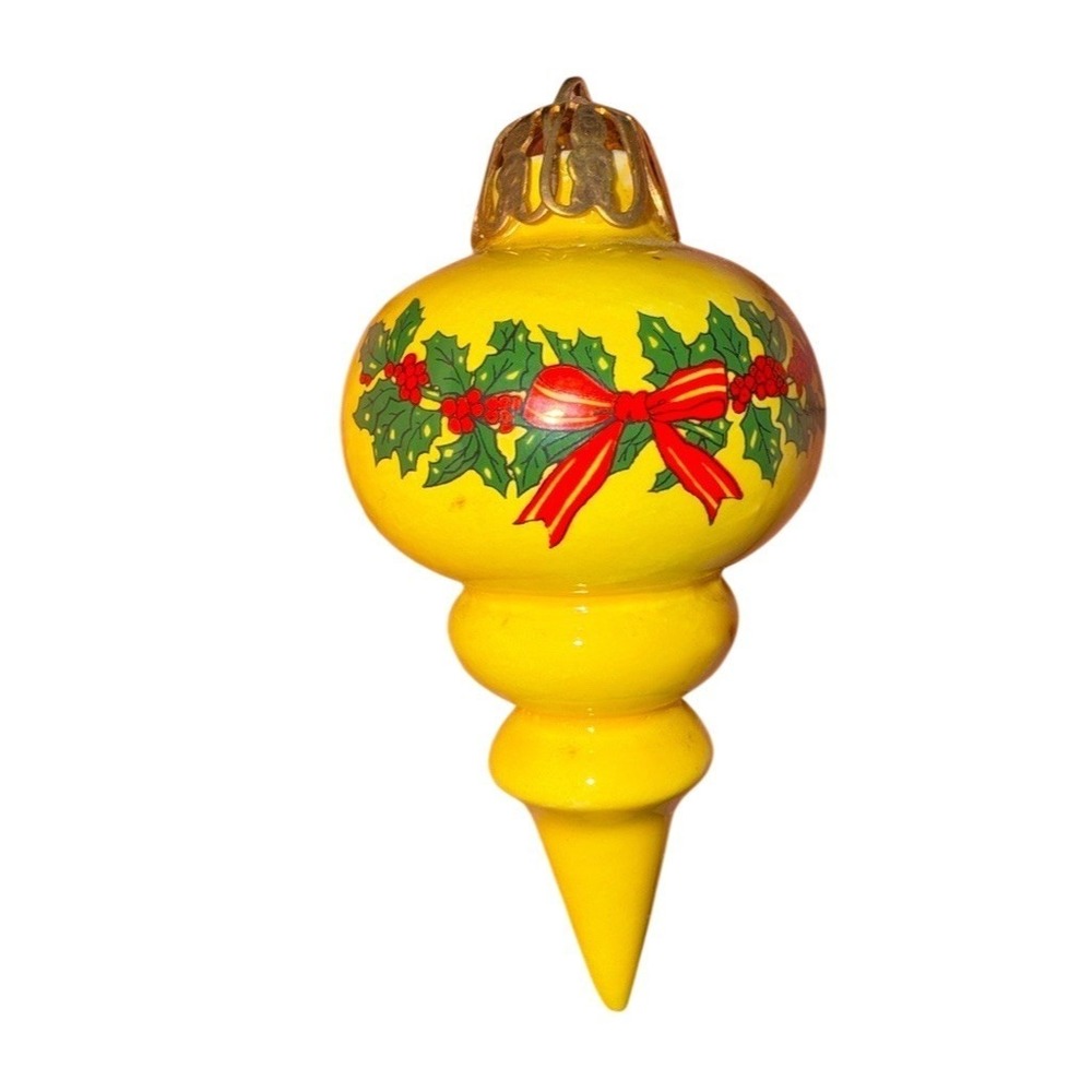 Vintage Christmas Finial Ornament Yellow Glass Holly Red Bow Teardrop 3 in